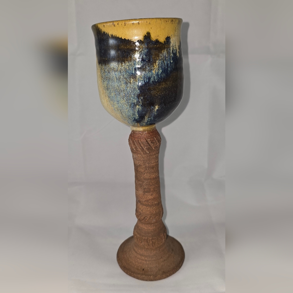 Handmade Studio Pottery Glazed wine/goblet/chalice Unglazed Brown Stem